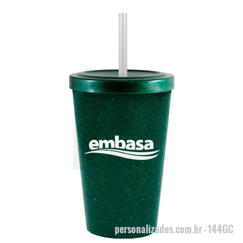 Copo ecológico personalizado - Copo Cancun Green Colors com Tampa e Canudo 320ml , feito com 50% de fibra de madeira e 50% de Plástico Premium (PP) atóxico, disponível em 6 cores. Ideal para levar sua bebida, na medida certa.