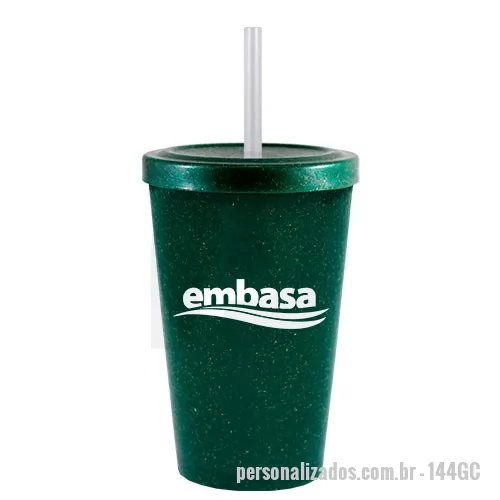 Copo ecológico personalizado - Capacidade para 320ml. Copo sustentável feito com 50% de fibra de madeira e 50% de Plástico Premium (PP).  Cores inovadoras, design moderno e acabamento impecável, feito em material atóxico e resistente ao micro-ondas e máquina de lavar. Acompanha tampa e canudo. 