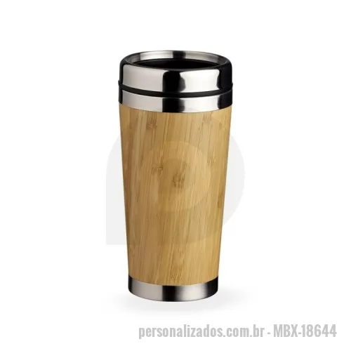 Copo ecológico personalizado - Copo Bambu de 500ml, parte interna em inox. Possui tampa com compartimento que pode ser aberto para beber