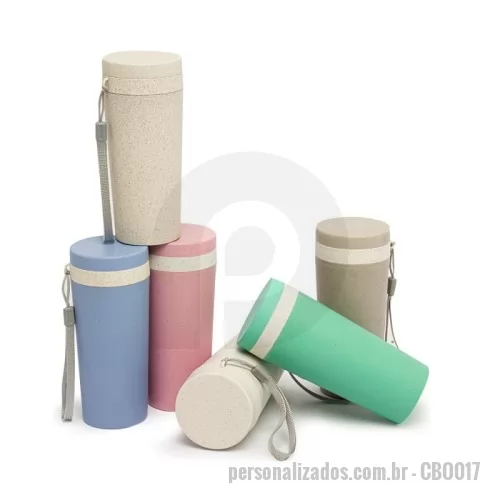 Copo ecológico personalizado - Copo fibra de bambu 350ml com parede dupla e alça. Copo produzido em Polipropileno livre de BPA, possui uma tampa de vedação rosqueável e alça de nylon (removível) para transporte.