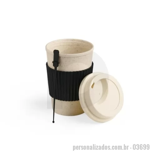Copo ecológico personalizado - Uma opção sustentável para desfrutar o café ou chá de todo o dia com toda a leveza que o momento merece. O copo é feito em plástico a partir da fibra de trigo, este copo possui capacidade máxima de 450ml e tampa rosqueável com bocal. Além disso, ele também é livre de BPA, garantindo assim mais proteção para quem o utiliza e ao meio ambiente. Acompanha mexedor e manga antiderrapante.