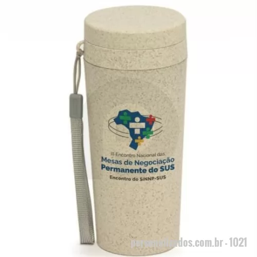 Copo ecológico personalizado - Copo ecologico de Bambu, capacidade de 350ml, tampa rosqueável, cordão para transporte e diversas cores.