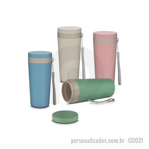 Copo ecológico personalizado - Copo plástico com parede dupla, produzido com fibra de trigo e plástico, com capacidade de 300ml, alça para transporte e tampa rosqueável. Dimensão Produto: 16,5xø7cm Peso do Produto: 0,121kg