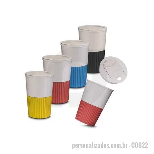 Copo ecológico personalizado - Copo plástico com parede dupla, produzido com fibra de trigo e plástico, com capacidade de 400ml e tampa rosqueável. Dimensão Produto:12,7xø8,8cm Peso do Produto: 0,81kg
