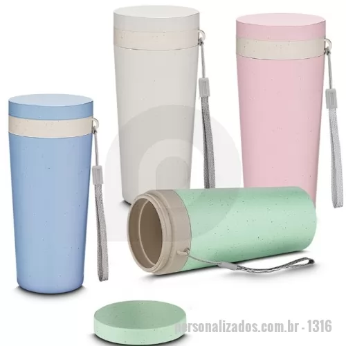 Copo ecológico personalizado - Copo plástico com parede dupla, produzido com fibra de trigo e plástico, com capacidade de 300ml, alça para transporte e tampa rosqueável.
