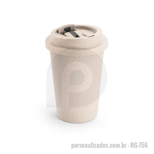 Copo ecológico personalizado - Copo de viagem em fibra de bambu (60%) e PP (40%) com tampa flip top. Capacidade até 380 mL.