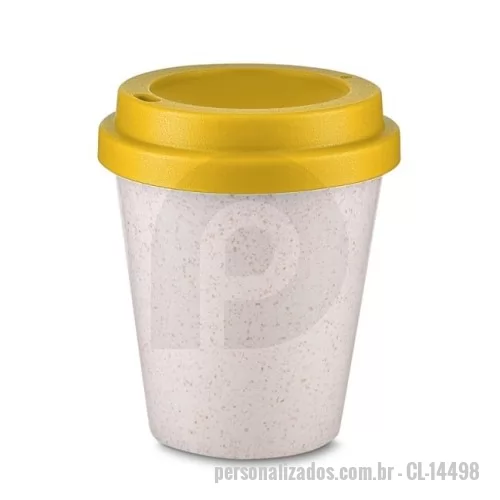 Copo ecológico personalizado - Copo em fibra de arroz biodegradável com capacidade para até 350ml e tampa plástica de pressão.