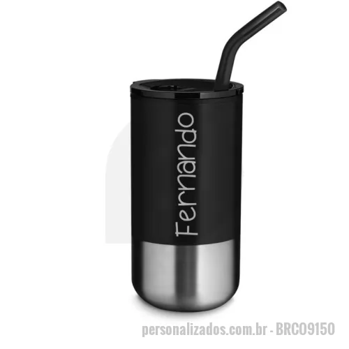 Copo Inox personalizado - Copo em inox com canudo removível, com capacidade de até 550ml. Pintura fosca na parte externa e a parte interna revestida com plástico PP.