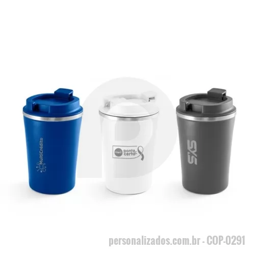 Copo Inox personalizado - Copo de viagem em aço inox e PP com parede dupla e isolamento a vácuo. Acabamento mate e revestimento em pó que lhe confere mais durabilidade e resistência. Tem capacidade até 470ml. 