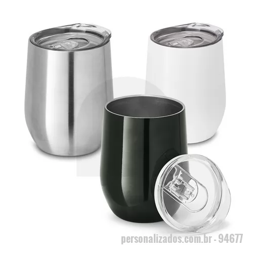Copo Inox personalizado - Copo de viagem em aço inox, térmico com parede dupla isolada a vácuo e tampa deslizante. Capacidade até 400 mL. Preserva as bebidas quentes por 6h e frias por 12h. Fornecida em caixa presente. Certificação EU Food Grade. 88 x 112 mm