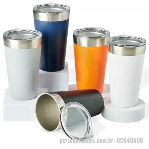 Copo Inox personalizado - Copo térmico com capacidade de 473ml feito em inox com parede dupla, acompanha tampa acrílica de encaixe com bocal.