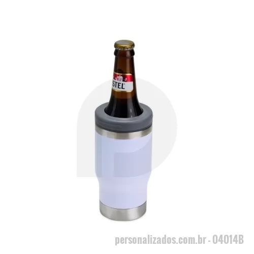 Copo Inox personalizado - Copo Inox Personalizado - 04014B - Copo térmico multiuso com parede dupla em inox, capacidade de 380ml. Pode ser utilizado como copo, porta long neck ou porta lata. Detalhe em inox na parte superior e ainda contém abridor de garrafa na parte inferior do copo.  Altura :  15,2 cm  Largura :  7,5 cm  Circunferência :  25,7 cm  Medidas aproximadas para gravação (CxL):  10,5 cm x 8cm  Peso aproximado (g):  241 - 177279 - Copo Inox