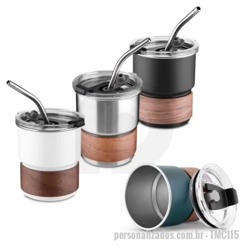 Copo Inox personalizado - Copo de parede simples em aço inox 304 com capacidade de 250ml, com canudo em inox. Tampa em plástico poliestireno (PS) que também possui um bico como forma alternativa de uso. Com pegador em fibra de noz. Possui acabamento externo com pintura fosca.
