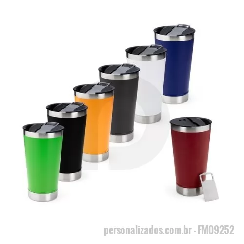 Copo Inox personalizado - Descrição: Copo em inox com pintura eletrostática. Conta com tampa de pressão em plástico com abertura no bocal e abridor de garrafa removível em inox.   Obs.: Este copo não apresenta propriedades de conservação térmica. Não acompanha embalagem individual.  Altura :  16,9 cm  Largura :  9,2 cm  Diametro :  sem tampa 8,5 cm  Medidas aproximadas para gravação (CxL):  11,5 cm x 7 cm (copo) - 3,5 cm x 2,5 cm (abridor)  Peso aproximado (g):  256