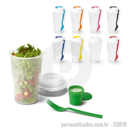 Copo para Salada personalizado - Copo para salada. PP. Com garfo e molheira. Capacidade: 850 ml. Apta para microondas (retirar a tampa). Food grade.