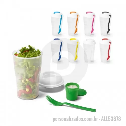 Copo para Salada personalizado - Copo para salada em PP com garfo e molheira. Capacidade até 850 ml. Apto para microondas (retirar a tampa). Food grade. Caixa branca 94659 vendida opcionalmente. ø110 x 190 mm