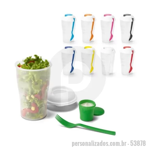Copo para Salada personalizado - Copo para salada em PP com garfo e molheira. Capacidade até 850 mL. Apto para micro-ondas (retirar a tampa). Caixa branca 94659 vendida opcionalmente. Certificação EU Food Grade. ø110 x 190 mm