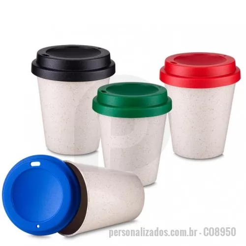 Copo personalizado - Copo plástico e fibra de arroz 350ml com tampa