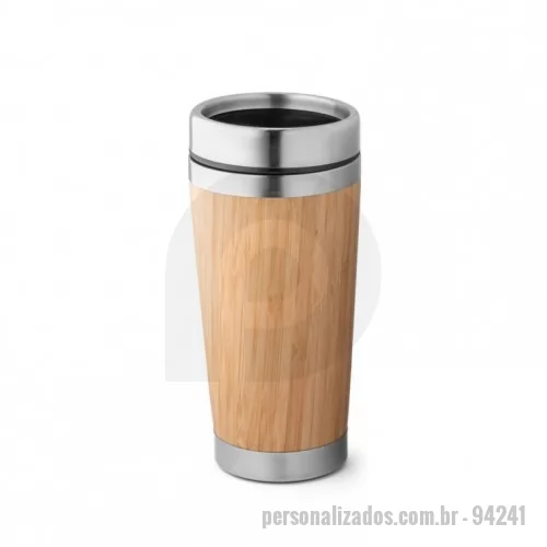 Copo personalizado - Copo de viagem em bambu e aço inox, com sistema de abertura deslizante e parede dupla de isolamento. Capacidade até 500 ml. Food grade. Fornecido em caixa presente de papel craft. ø82 x 158 mm
