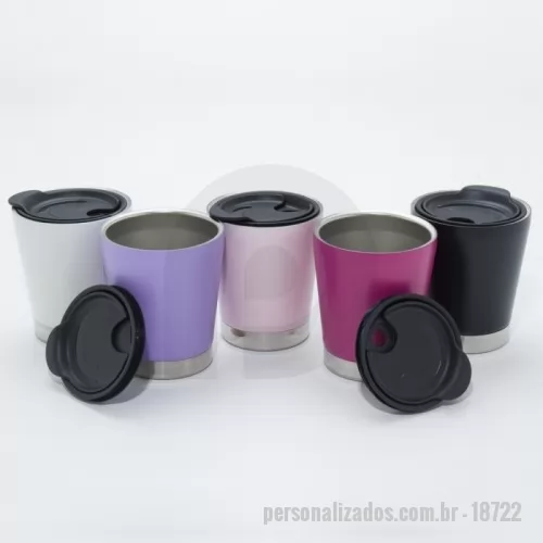 Copo personalizado - Copo de parede dupla em inox 304 com capacidade de 300ml, possui tampa plástica de encaixe com acesso ao bocal e área para canudo