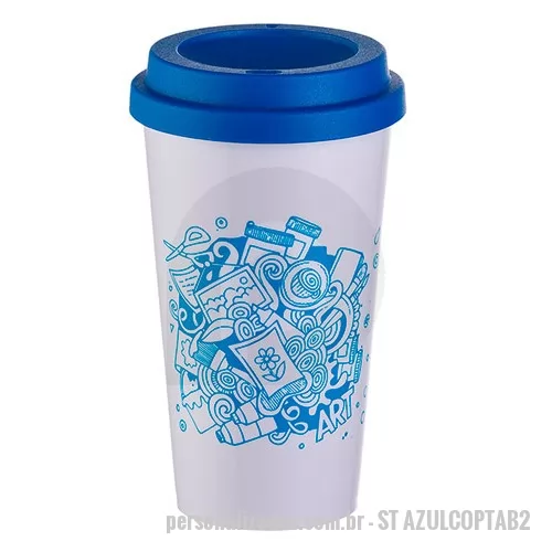 Copo personalizado - Copo de café azul personalizado, possui tampa, capacidade de 430 ml, ótimo custo e amplo espaço para personalizar o logotipo de empresas e parceiros comerciais. Brinde ideal para ser distribuído em feiras e eventos