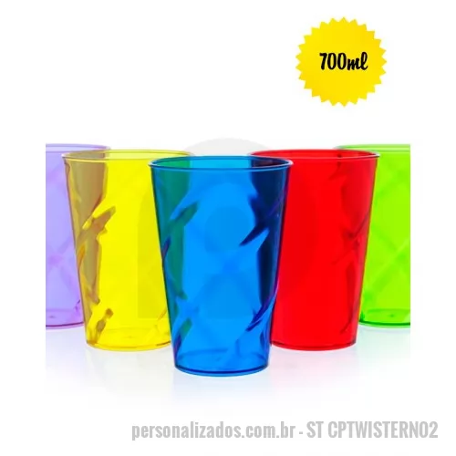 Copo personalizado - Copo twister personalizado. Fabricado em material de alta qualidade esse copo possui capacidade de 700ml. Colorido, super resistente esse é um brinde de baixo custo e conta com ótimo espaço para imprimir a logomarca de empresas e parceiros comerciais