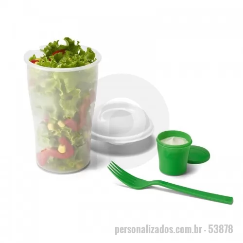 Copo personalizado - Copo para salada em PP com garfo e molheira. Capacidade até 850 mL. Apto para microondas (retirar a tampa). Certificação EU Food Grade. Caixa branca 94659 vendida opcionalmente. ø110 x 190 mm