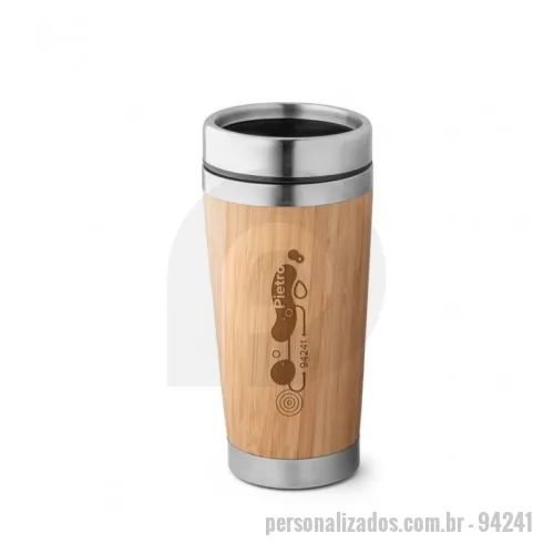 Copo personalizado - Copo de viagem em bambu e aço inox, com sistema de abertura deslizante e parede dupla de isolamento (térmico). Capacidade até 500 mL. Preserva as bebidas quentes por 2 horas e as bebidas frias por 4 horas. Certificação EU Food Grade. Fornecido em caixa presente de papel kraft. ø82 x 158 mm
