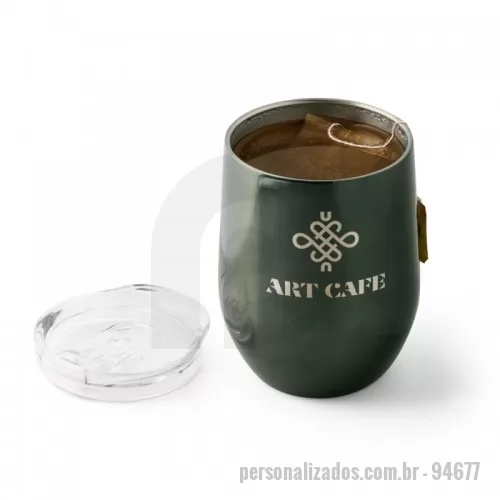 Copo personalizado - Copo de viagem em aço inox com corpo duplo isolado a vácuo e tampa deslizante (térmico). Capacidade até 400 mL. Preserva as bebidas quentes por 6h e frias por 12h. Certificação EU Food Grade. Fornecida em caixa. 88 x 112 mm