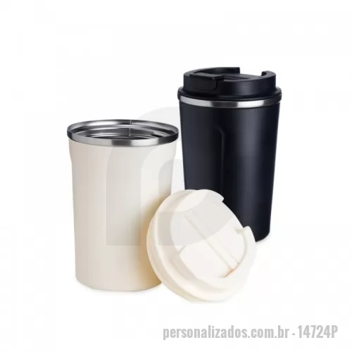 Copo personalizado - Copo térmico de inox 350ml com parede dupla, parte inferior com borracha antideslizante e tampa rosqueável com abertura de bocal.
