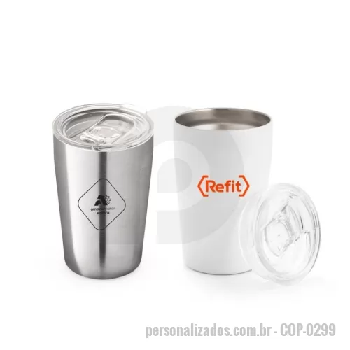Copo personalizado - Copo de viagem para sublimação com parede dupla em aço inox. Inclui tampa transparente com abertura deslizante. Capacidade até 380ml.
