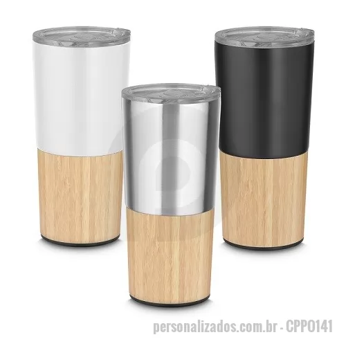 Copo personalizado - Copo térmico parede dupla em aço inox, detalhe em bambu na parte inferior, tampa plástica com anel de silicone para evitar vazamento, com capacidade de 550ml. Dimensão Produto:19xø9cm Peso do Produto: 0,337kg