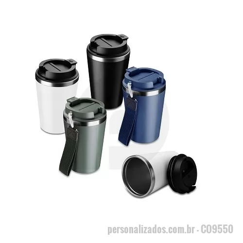 Copo personalizado - Copo de 350 ml com parede dupla, interior em inox 304 e exterior em plástico PP, tampa em plástico PP, alça de mão e acabamento com pintura fosca.