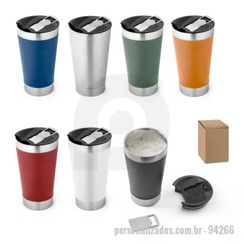 Copo personalizado - Copo Personalizado - 94266 - Copo de viagem em aço inox térmico, com parede dupla isolada a vácuo. Capacidade até 630 mL. A tampa inclui um abridor de garrafas. Ideal para preservar as suas bebidas frias ou quentes. Fornecido em caixa presente de papel kraft reciclado. Certifica - 179263 - Copo