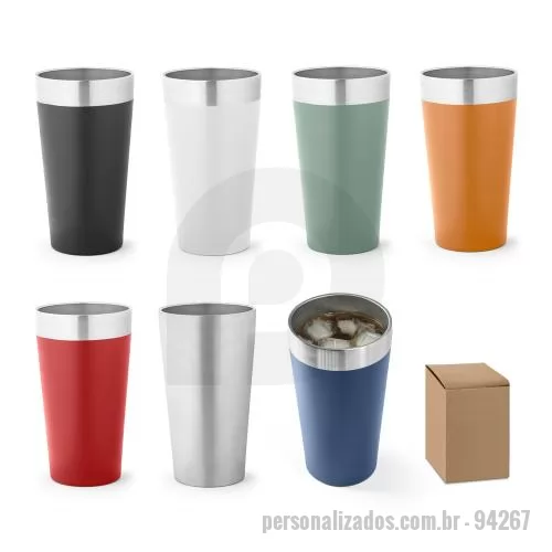 Copo personalizado - Copo de viagem em aço inox térmico, com parede dupla isolada a vácuo. Capacidade até 540 mL. Ideal para preservar as suas bebidas frias ou quentes. Fornecido em caixa presente de papel kraft reciclado. Certificação EU Food Grade. ø85 x 154 mm