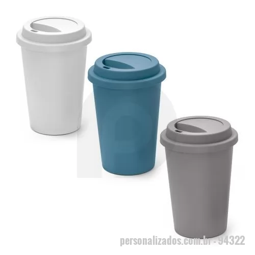 Copo personalizado - Copo de viagem com tampa e corpo em PP. Capacidade até 450 mL. Certificação EU Food Grade. Ø90 x 135 mm