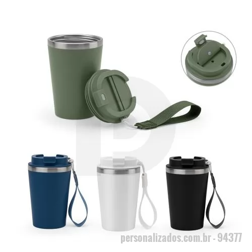 Copo personalizado - Copo de viagem em PP e aço inox 90% reciclado, com parede dupla e acabamento em mate. A tampa em PP é à prova vazamento e incorpora uma pega, em PU e PET, que facilita o seu transporte. Capacidade até 460 mL. Fornecido em caixa presente de papel kraf