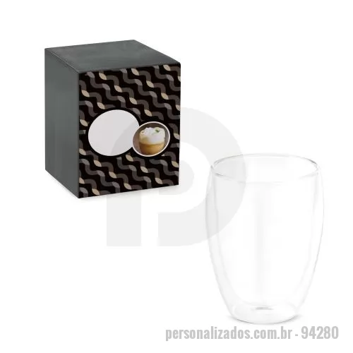 Copo personalizado - Copo Personalizado - 94280 - Copo em vidro borossilicato com parede dupla, isolada a ar. Capacidade at&eacute, 350 mL. Fornecido em caixa presente personalizável. Certificação EU Food Grade. ø89 x 113 mm | Caixa: 95 x 95x 125 mm - 179392 - Copo
