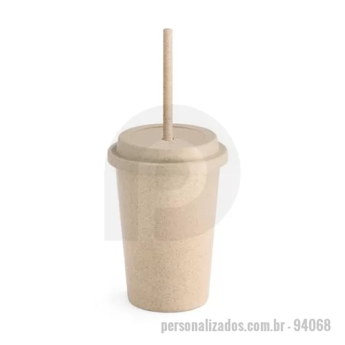 Copo personalizado - Copo Personalizado - 94068 - Copo de viagem em fibra de bambu (60%) e PP (40%) com tampa e canudo retráctil. Capacidade até 450 mL. Pode ocorrer transferência de calor. Certificação EU Food Grade. ø93 x 135 mm - 179406 - Copo