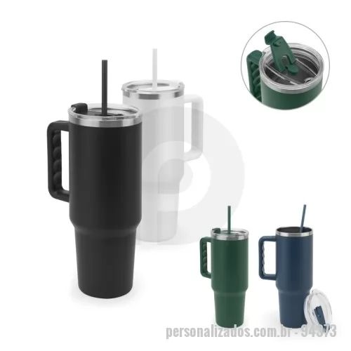 Copo personalizado - Copo Personalizado - 94373 - Copo de viagem de grande dimensão para se manter hidratado durante o dia sem a necessidade de recargas constantes. Composto por aço inox 91% reciclado, com parede dupla isolada a vácuo e acabamento em mate. Este copo pode ser utilizado de duas maneiras: através da sua abertura para canudo ou do orifício para utilização direta (pode ser fechado). A sua pega facilita o transporte quer seja para o trabalho ou para atividades ao ar livre. Capacidade até 1300 mL. Fornecido em caixa presente de papel kraft reciclado. Certificação EU Food Grade.  Dimensões do produto: ø143 x 257 mm (sem canudo) | Canudo: 305 mm Peso do produto:: 519 g - 179867 - Copo