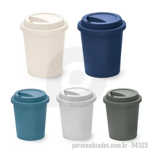 Copo personalizado - Copo de viagem com tampa e corpo em PP. Capacidade até 350 mL. Certificação EU Food Grade. Ø90 x 104 mm