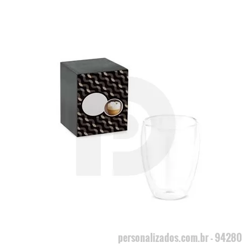 Copo personalizado - Copo em vidro borossilicato com parede dupla, isolada a ar. Capacidade até 350 ml. Fornecido em caixa presente personalizável. Certificação EU Food Grade. ø89 x 113 mm | Caixa: 95 x 95x 125 mm