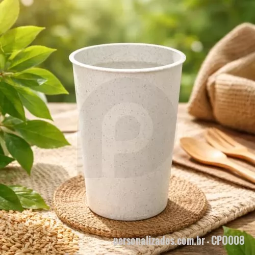 Copo personalizado - Copo com capacidade de 400 ml produzido em polipropileno com composição em fibra de arroz, com peso aproximado de 26 gramas, altura de 12,0 cm, diâmetro da boca de 7,5 cm e base de 6,4 cm, desenvolvido para oferecer resistência estrutural aliada a um