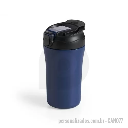 Copo personalizado - Copo com capacidade de 450ml, produzido em aço inox com estrutura de parede dupla e base emborrachada antiderrapante, que favorece maior estabilidade durante o uso. A tampa rosqueável apresenta abertura no bocal para beber diretamente e sistema inter