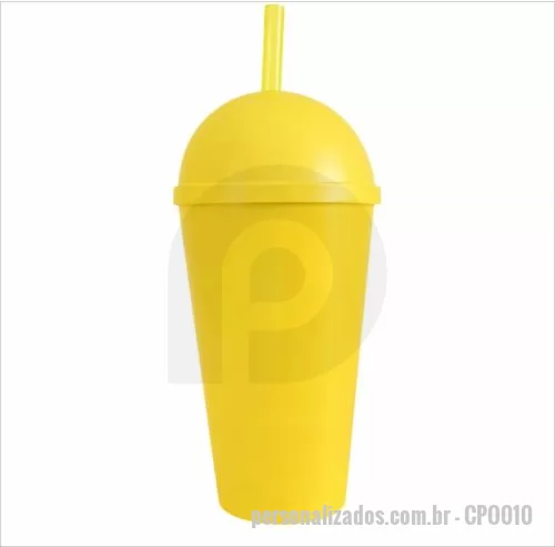 Copo personalizado - Copo com capacidade de 450 ml produzido em polipropileno, com peso aproximado de 42 gramas, altura de 12,4 cm, diâmetro da boca de 8,5 cm e base de 5,8 cm, acompanhado de tampa em formato bola e canudo, proporcionando uma estrutura diferenciada e fun