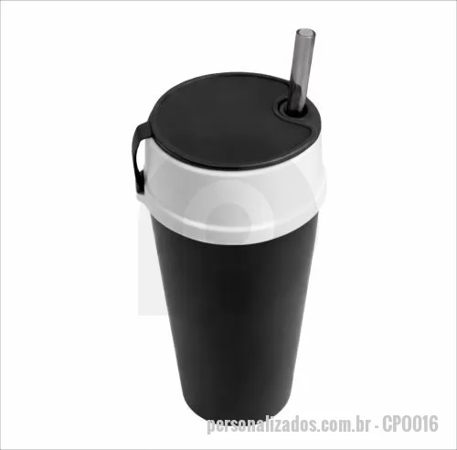 Copo personalizado - Copo com capacidade de 450 ml produzido em polipropileno, com peso aproximado de 53 gramas, altura de 12,4 cm, diâmetro da boca de 8,5 cm e base de 5,8 cm, acompanhado de tampa com compartimento porta snacks integrado, oferecendo uma solução prática 