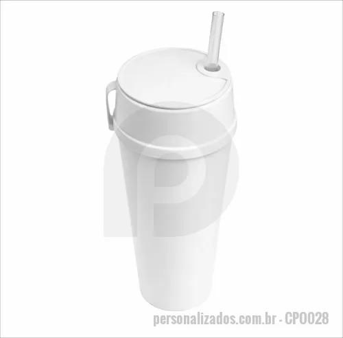 Copo personalizado - Copo com capacidade de 550 ml produzido em polipropileno, com peso aproximado de 62 gramas, altura de 14,5 cm, diâmetro da boca de 8,7 cm e base de 6,3 cm, acompanhado de tampa com compartimento porta snacks integrado, oferecendo uma solução prática 