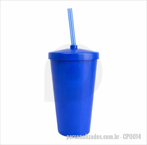 Copo personalizado - Copo com capacidade de 450 ml produzido em polipropileno, com peso aproximado de 36 gramas, altura de 12,4 cm, diâmetro da boca de 8,5 cm e base de 5,8 cm, acompanhado de tampa e canudo que proporcionam melhor vedação e praticidade no consumo de bebi