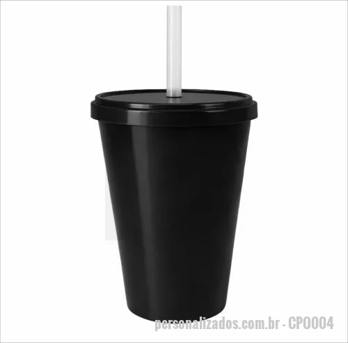 Copo personalizado - Copo com capacidade de 350 ml produzido em polipropileno, com peso aproximado de 26 gramas, altura de 10,6 cm, diâmetro da boca de 7,5 cm e base de 6,0 cm, acompanhado de tampa e canudo que proporcionam melhor vedação e praticidade no consumo de bebi