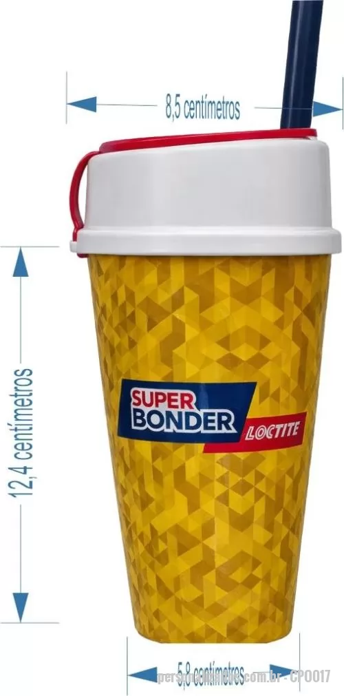 Copo personalizado - Copo com capacidade de 450 ml produzido em polipropileno, com peso aproximado de 53 gramas, altura de 12,4 cm, diâmetro da boca de 8,5 cm e base de 5,8 cm, acompanhado de tampa com compartimento porta snacks integrado e com possibilidade de personali